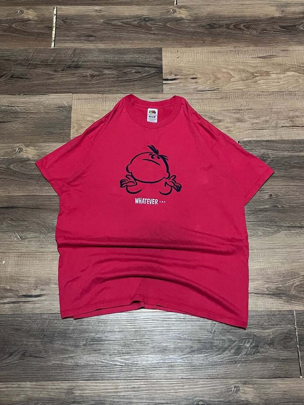 Y2K 90s Fruit of the Loom Whatever Shrug Graphic T-Shirt XL Red Cotton Vintage